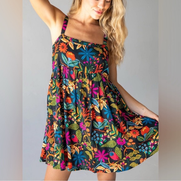 NATURAL LIFE Dresses & Skirts - Natural Life Black Neon Floral 100% Rayon Patti Mini Dress M Boho Coastal Beach